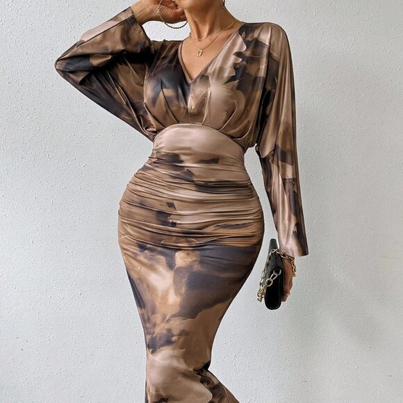 . Dresses & Skirts - Khaki Elegant Women's Tie-Dye Batwing Sleeve Pleated Asymmetrical Bodycon Dress